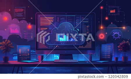 Cloud storage. Cloud service technologies with a digital cloud label. Illustration 120342809