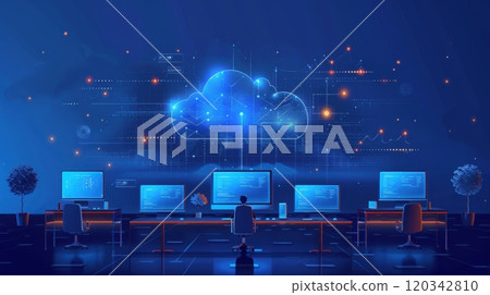 Cloud storage. Cloud service technologies with a digital cloud label. Illustration Cloud storage. Cloud service technologies with a digital cloud label. Illustration 120342810