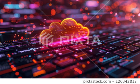Cloud storage. Cloud service technologies with a digital cloud label. Illustration 120342812