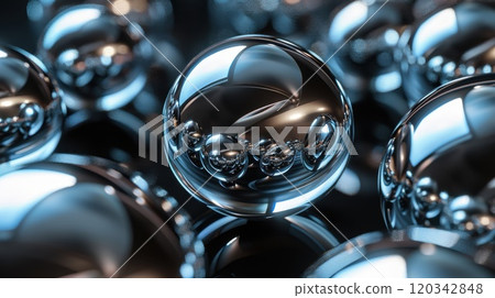 Air soap bubbles on black background. Mesmerizing balloons filled with night air with shimmering surface 120342848