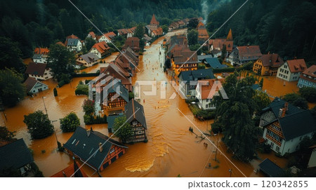 An aerial view of the flooded village. Houses in the village are flooded with water up to their roofs 120342855