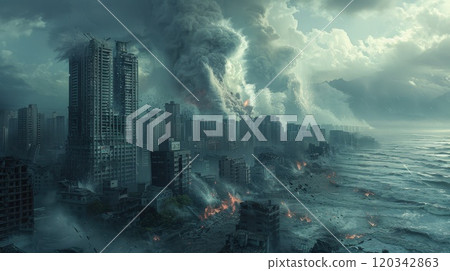 The tsunami demolishes a large building on the coast. Houses on the shore take the brunt of the big waves 120342863