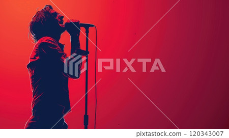 A rock singer sings on stage with a microphone. A singer with a microphone highlighted on a red background 120343007