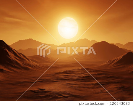 Golden desert landscape with rolling dunes and a setting sun casting warm light 120343083