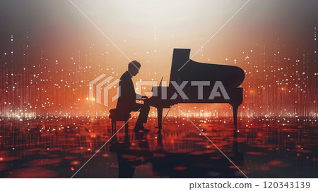 Pianist playing black piano on black background. A man playing a piano. Illustration 120343139