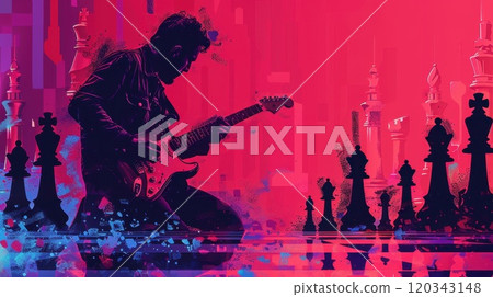 Man with guitar playing chess on abstract background. Singer with a guitar at a concert on the background of chess. Illustration 120343148