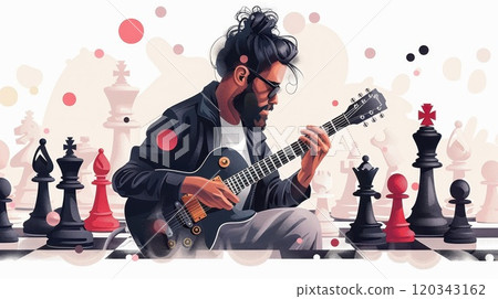 Man with guitar playing chess on abstract background. Singer with a guitar at a concert on the background of chess. Illustration 120343162