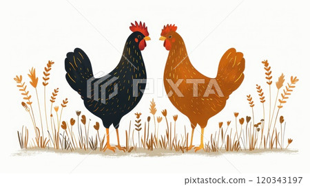 Two chickens on a light colored background. Illustration 120343197
