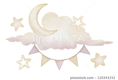 Crescent moon, Cloud and stars watercolor illustration. Sleep, good night, sky, sweet dreams. Dreamy drawing with celestial object for childish room wall art and baby shower greeting card. Crescent moon, Cloud and stars watercolor illustration. Sleep, good night, sky, sweet dreams. Dreamy drawing with celestial object for childish room wall art and baby shower greeting card. 120343252