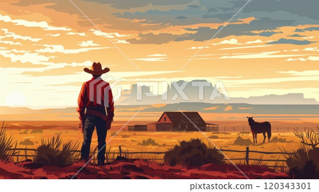 Portrait of a cowboy wearing a hat on a ranch background . Illustration of a cowboy in the Texas countryside 120343301