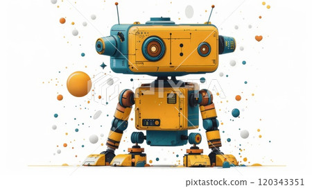 Small robot on white background. Yellow robot , isolated on white background. Illustration 120343351