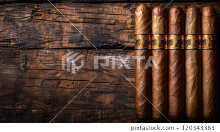 Top view of hand-rolled Havana cigars on a wooden table, A place for text or advertising 120343363