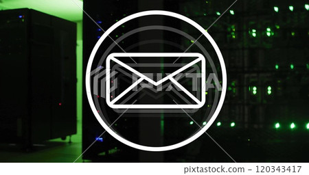 Image of email icon and digital data processing over computer servers Image of email icon and digital data processing over computer servers 120343417