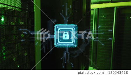 Image of padlock icon and digital data processing over computer servers Image of padlock icon and digital data processing over computer servers 120343418