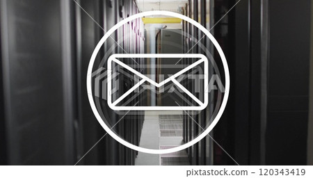 Image of email icon and digital data processing over computer servers Image of email icon and digital data processing over computer servers 120343419