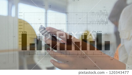Image of diagrams and data processing over businesswoman using smartphone 120343477