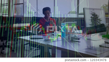 Image of diagrams and data processing over biracial businesswoman using smartphone 120343478