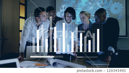 Image of financial data processing over diverse business people in office Image of financial data processing over diverse business people in office 120343491