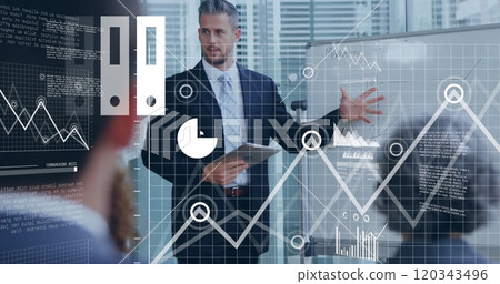 Image of financial data processing over diverse business people in office 120343496