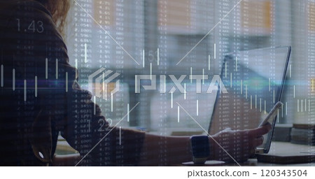 Image of diagrams and data processing over businesswoman using laptop 120343504