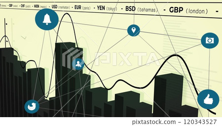 Image of network of connections with icons and data processing on yellow background 120343527