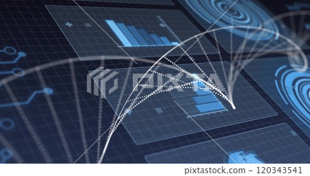 Image of dna strand and digital data processing over gird 120343541