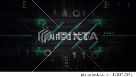 Infected text image over digital circuit board and binary code background Infected text image over digital circuit board and binary code background 120343542