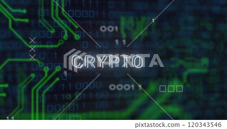 CRYPTO text image over binary code and circuit board graphics 120343546