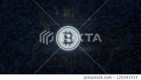 Bitcoin symbol with binary code and financial chart image 120343553