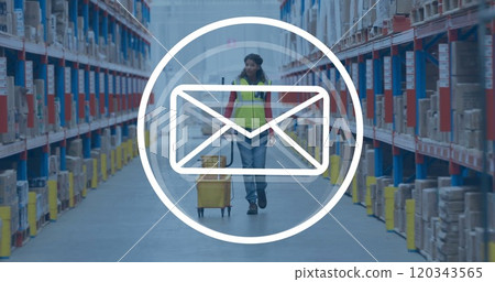 Image of envelope icon over biracial female worker in warehouse Image of envelope icon over biracial female worker in warehouse 120343565
