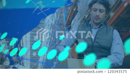 Image of data processing and world map over caucasian male workers in warehouse Image of data processing and world map over caucasian male workers in warehouse 120343575