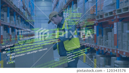 Image of data processing over caucasian male worker in warehouse Image of data processing over caucasian male worker in warehouse 120343576