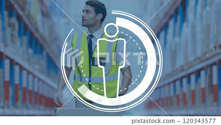 Image of human icon over caucasian male worker in warehouse Image of human icon over caucasian male worker in warehouse 120343577