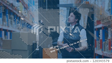 Image of data processing and world map over caucasian male worker in warehouse Image of data processing and world map over caucasian male worker in warehouse 120343579