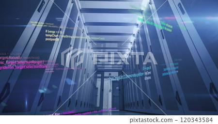 Computer code image over data center servers Computer code image over data center servers 120343584