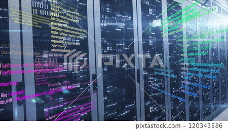 Colorful code lines image over server racks in data center 120343586
