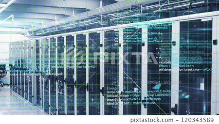 Computer code image over server racks in data center 120343589
