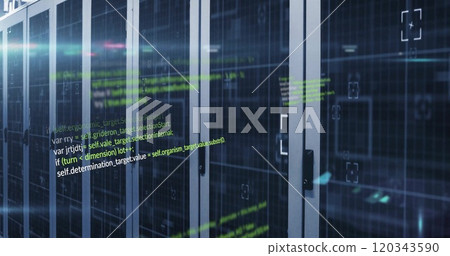 Computer code image over server racks in data center Computer code image over server racks in data center 120343590