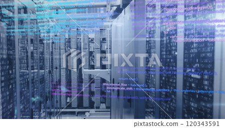 Computer code image over server racks in data center 120343591