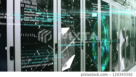 Data processing and network connections image over server racks in data center 120343592