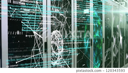 Data processing and network connections image over server racks in data center 120343593