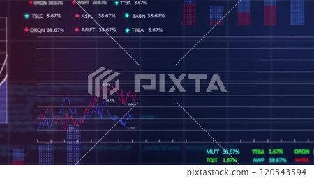 Image of financial data processing over grid on dark background 120343594