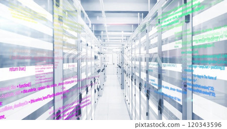 Colorful coding text image over data servers in modern data center 120343596