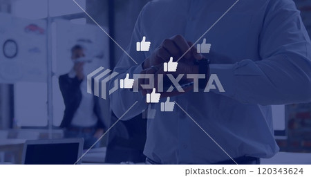 Image of media icons over caucasian businessman using smartphone 120343624