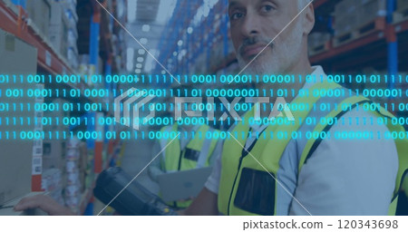 Image of data processing over caucasian male workers in warehouse Image of data processing over caucasian male workers in warehouse 120343698