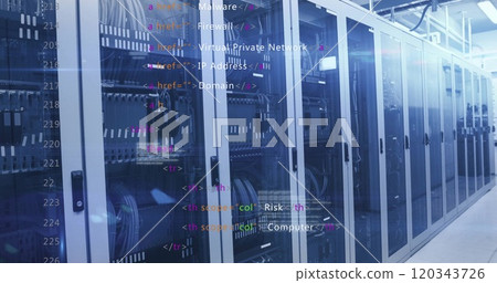 HTML code image over server racks in data center 120343726