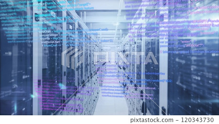 Computer code image over server racks in data center Computer code image over server racks in data center 120343730