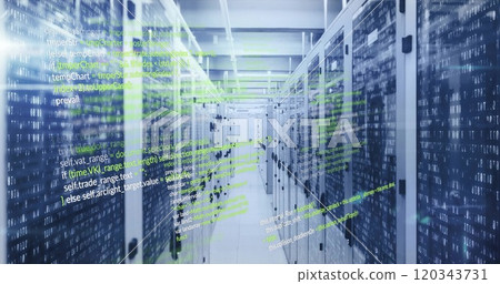 Computer code image over servers in data center Computer code image over servers in data center 120343731