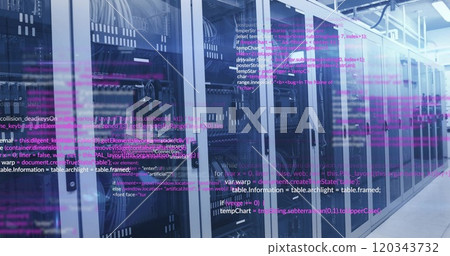 Computer code image over server racks in data center Computer code image over server racks in data center 120343732