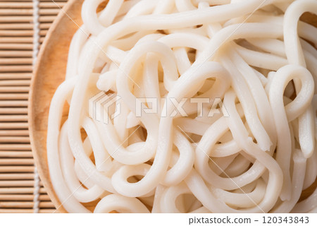 Udon noodles, Thick noodles in Japanese cuisine, Close up Udon noodles, Thick noodles in Japanese cuisine, Close up 120343843